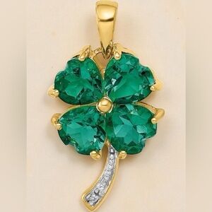 14k Yellow Gold Created Green Emerald & Diamond 4-leaf clover Pendant w Chain